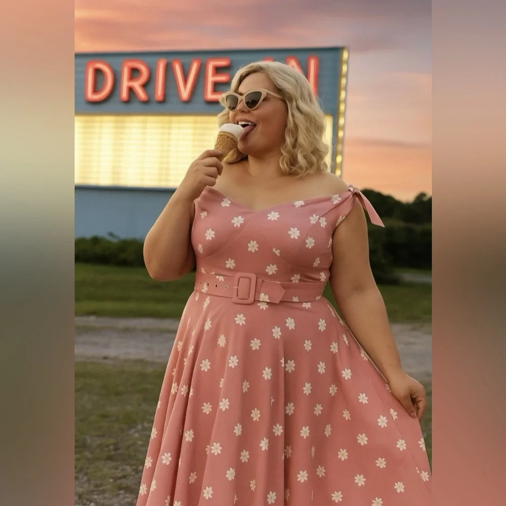 Unique Vintage 50s Prairie Daisy Swing Dress in Powder Pink, Size Large, NWT! - Picture 13 of 16